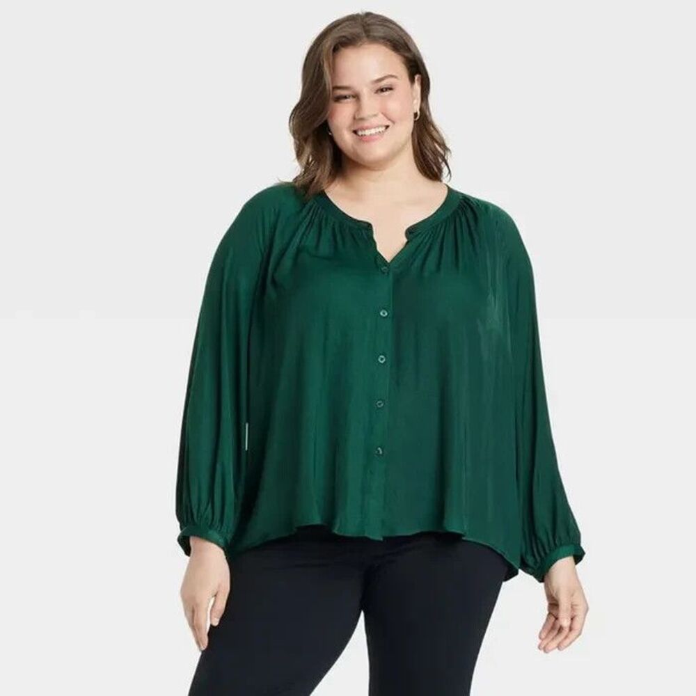A New Day Balloon Long Sleeve V-Neck Blouse Green Womens 4X - NEW